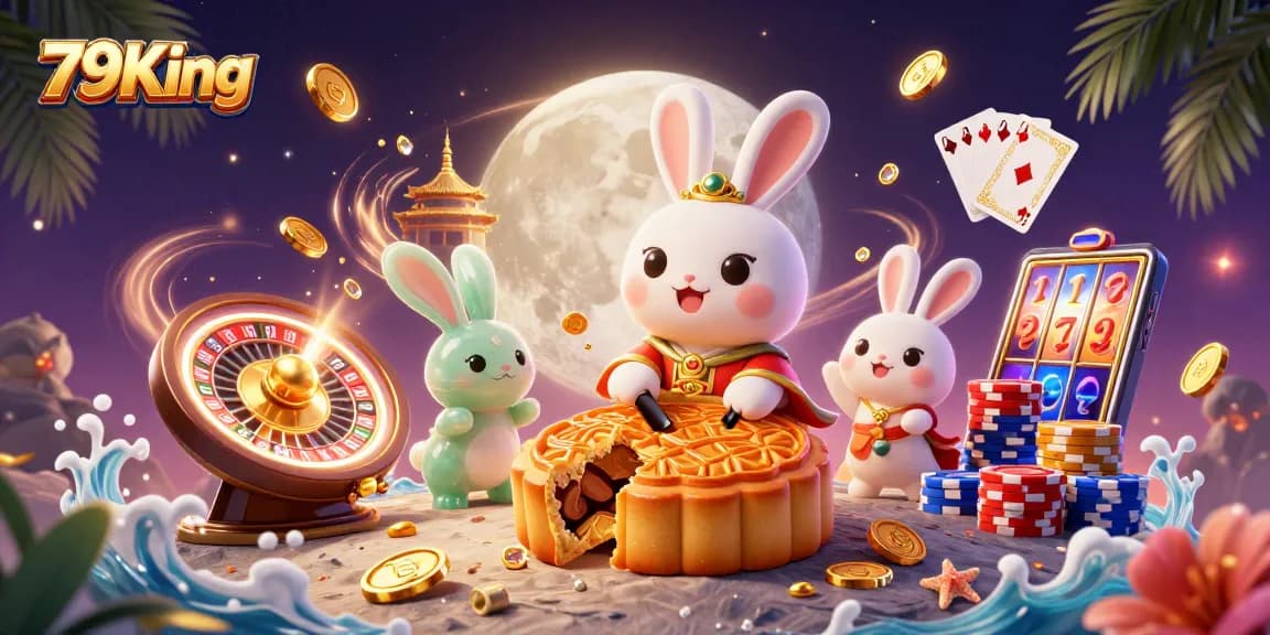 Play and win with 79King in this dazzling moon-themed casino adventure featuring rabbits, coins, and chips.