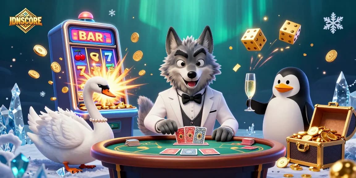 IDNSCORE casino illustration showcasing exciting online games with animals at a baccarat table.
