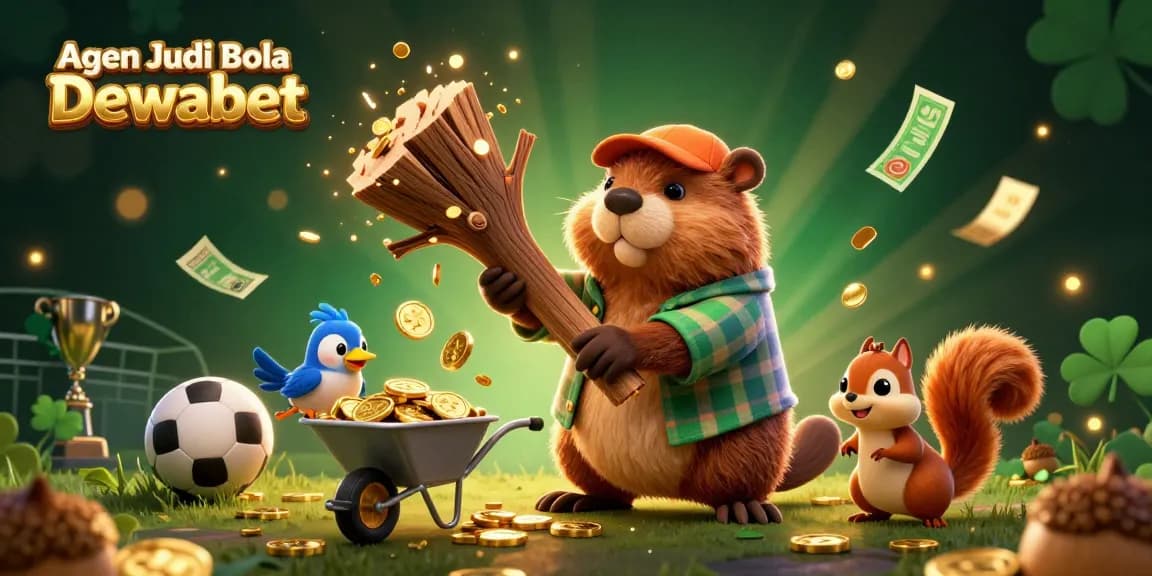 Agen Judi Bola Dewabet offers dynamic sports betting excitement featuring a lumberjack beaver alongside coins and trophies.