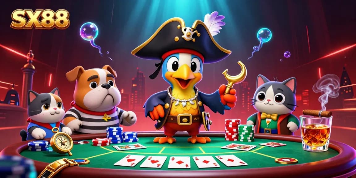 SX88 pirate-themed poker adventure with cartoon characters at a vibrant poker table.