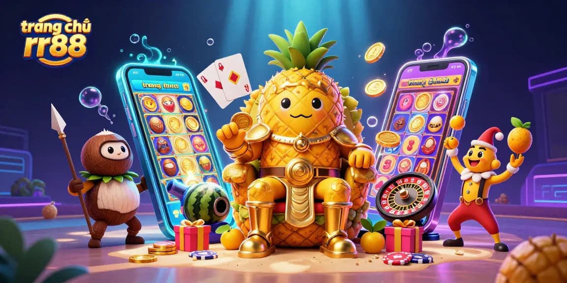 Spin and win on trang chủ rr88 with the golden pineapple king in a lively casino scene!