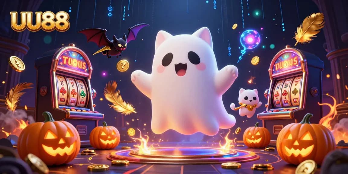 Experience thrilling slots with UU88 while a friendly ghost cat and a bat explore a haunted casino.