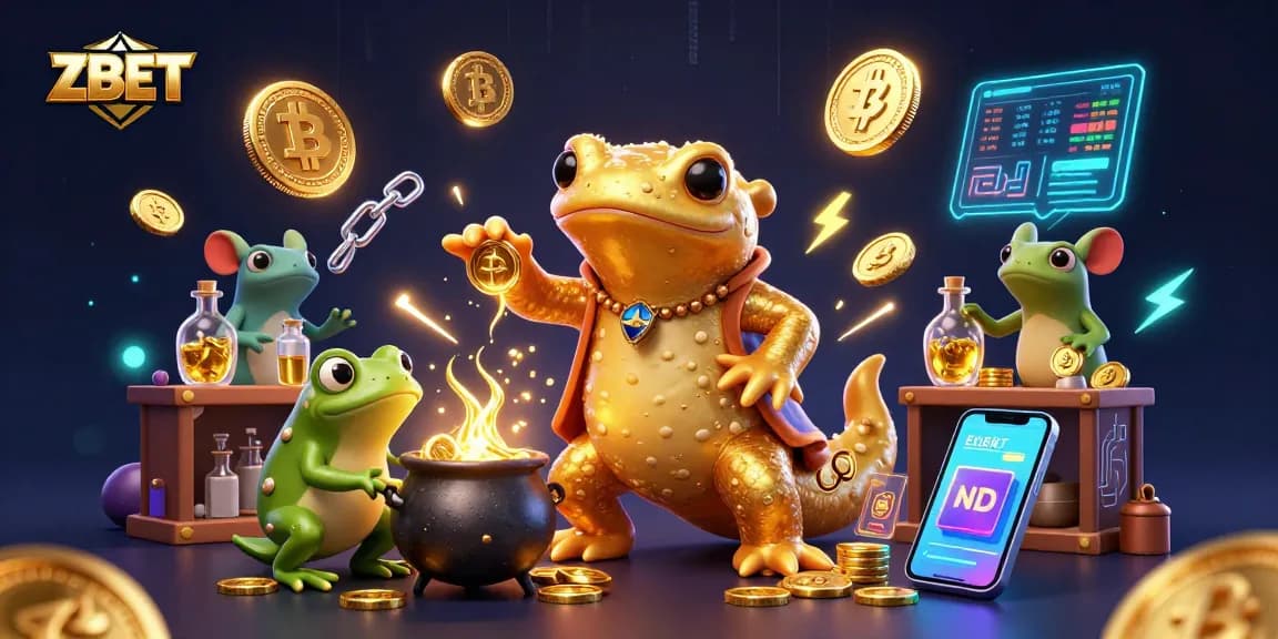 ZBET transforms online gambling with golden rewards, featuring an alchemist and crypto elements.