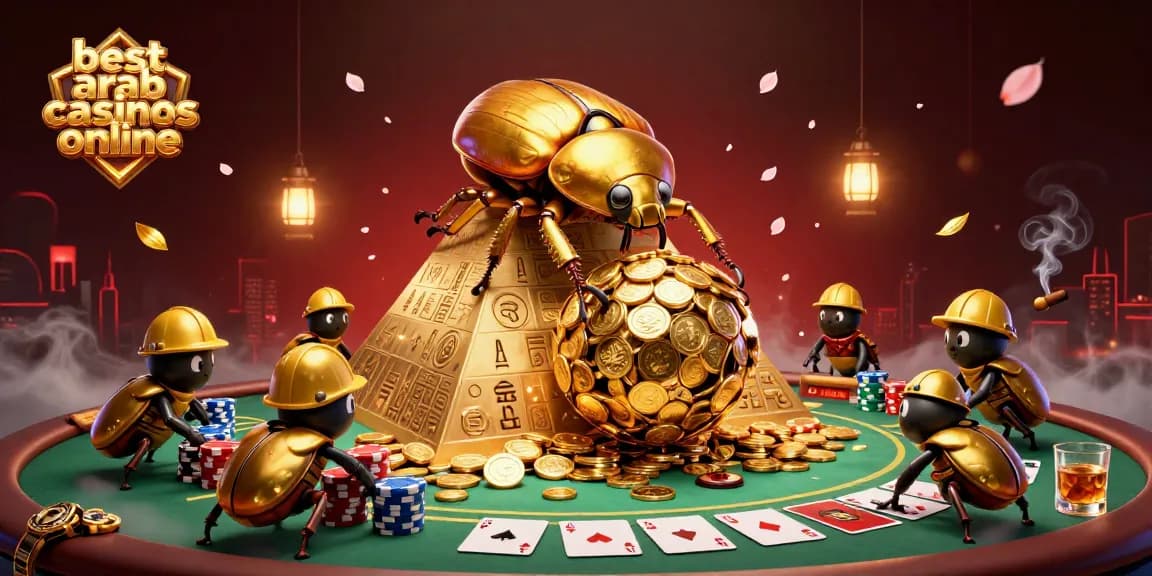 Experience the thrill of the best arab casinos online with golden beetles and casino symbols.