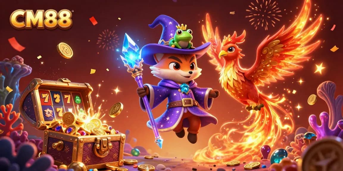 Experience thrilling luck with CM88 in this vibrant, action-packed 3D casino illustration.