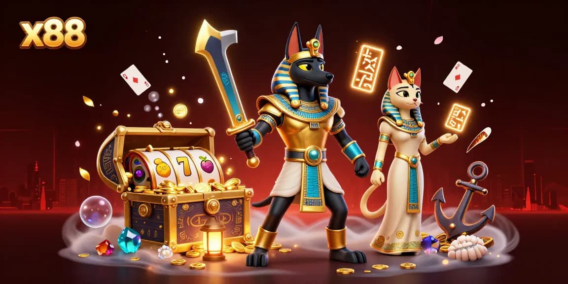 x88 spins winning slot reels with Anubis and Bastet in an enchanting casino scene