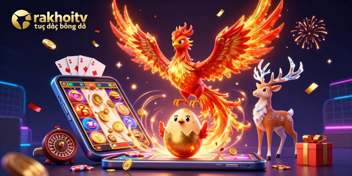 Experience rakhoitv trực tiếp bóng đá in this vibrant 3D casino scene featuring a phoenix and dynamic gaming elements.
