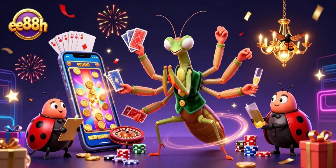 Experience the excitement at ee88h with a giant mantis dealing cards in a lively casino scene!