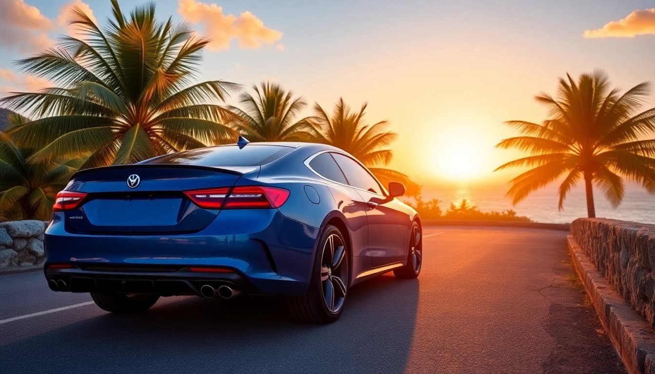 Experience car rental st barth with a scenic view of a rental car on a tropical road.