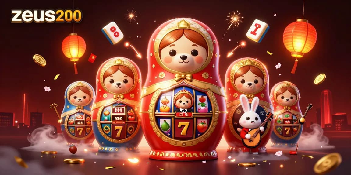 Menggoda peluang menang dengan zeus200, slot bergaya kasino menampilkan beruang Matryoshka dan elemen kasino menarik lainnya.