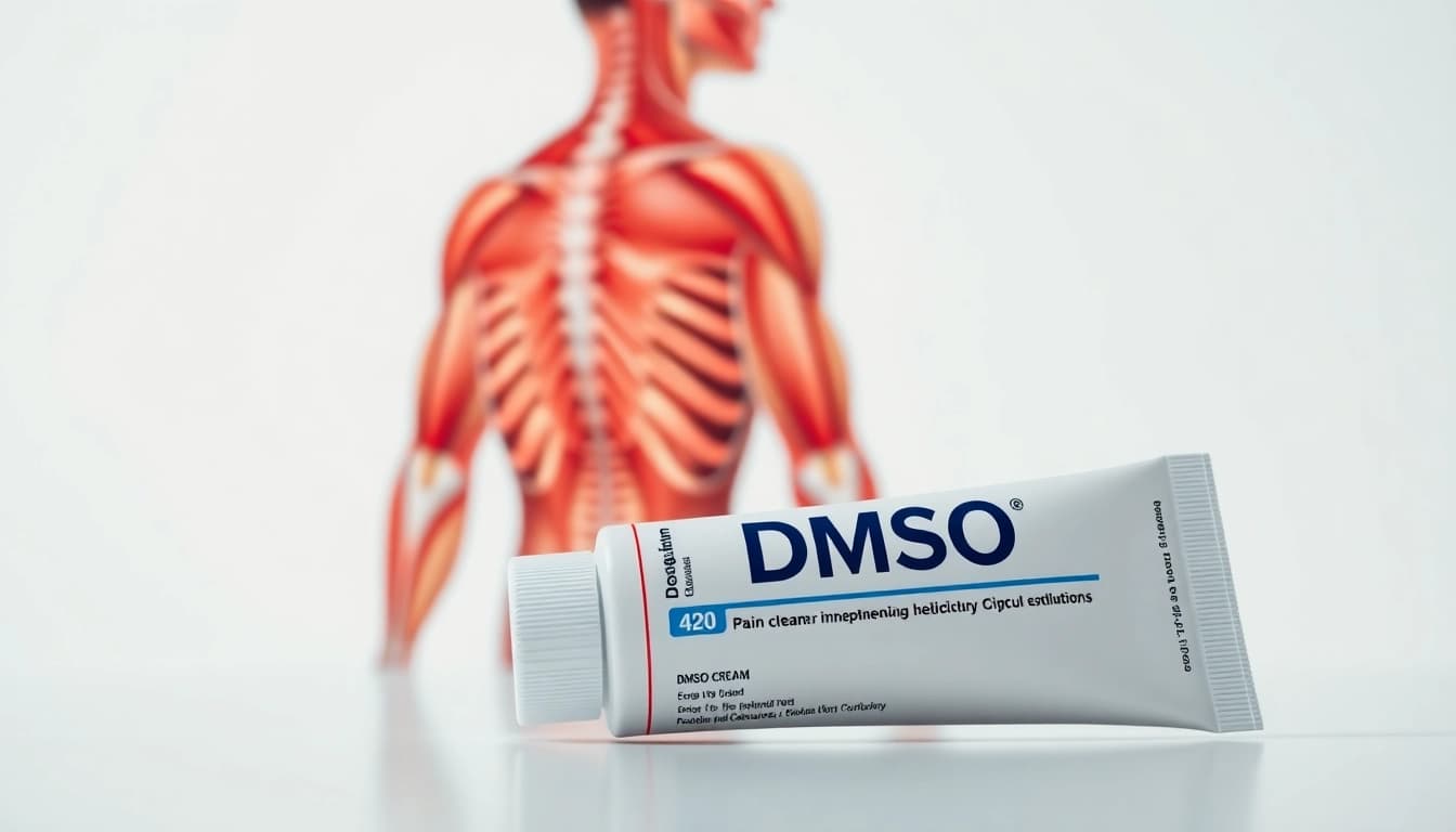 DMSO for pain relief cream alongside an anatomical illustration of muscles and joints.
