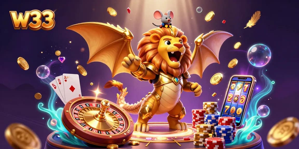 Experience engaging w33 pokies and casino elements amidst a vibrant 3D scene of adventure.