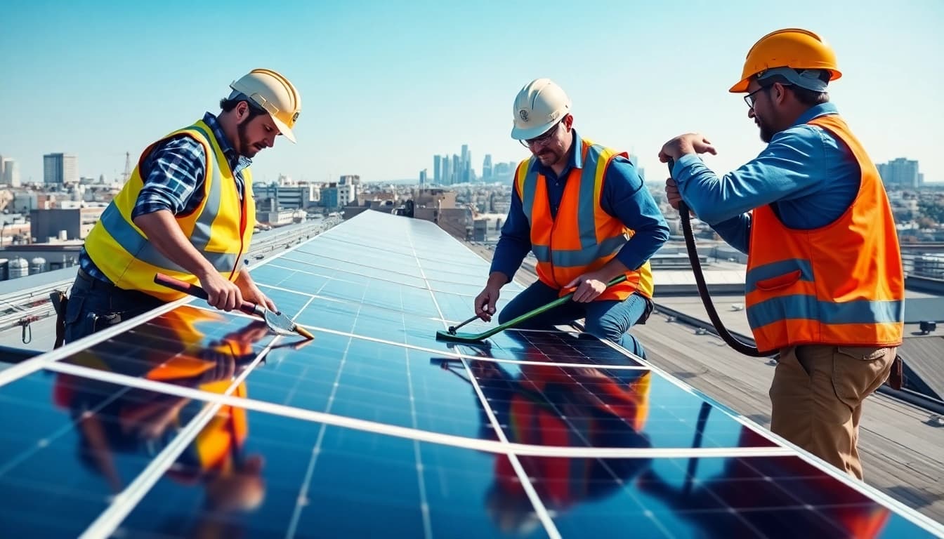 Technicians performing commercial solar maintenance New Jersey on rooftop solar panels with professional tools.