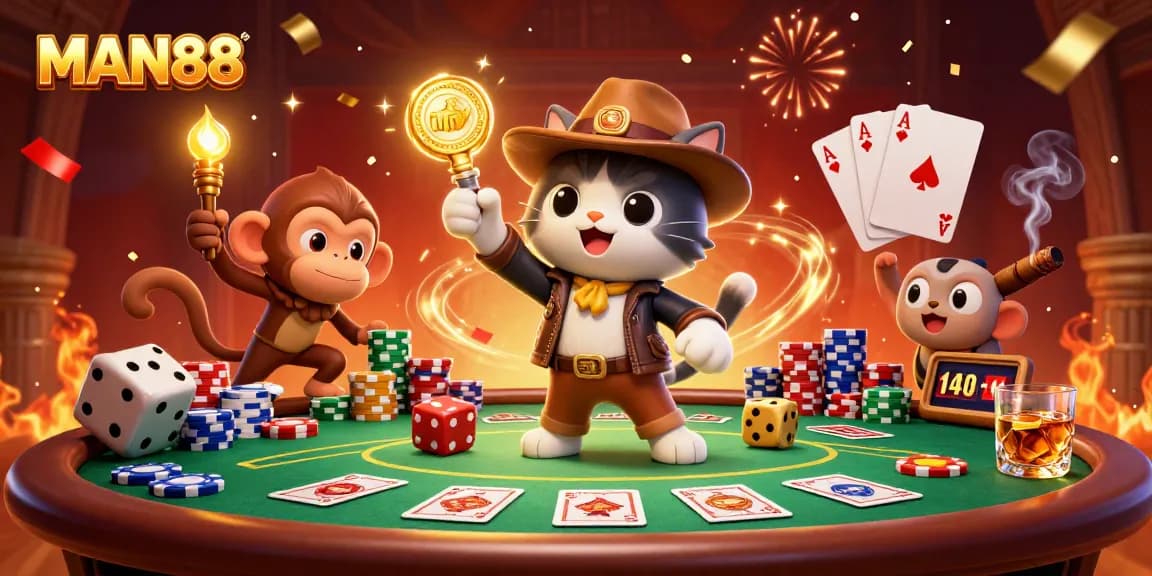 Experience thrilling gameplay at MAN88 with a vibrant casino scene featuring an explorer cat.