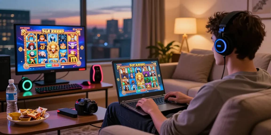Player enjoying an immersive Slot Zeus gaming experience at home, surrounded by colorful accessories and a cozy atmosphere.