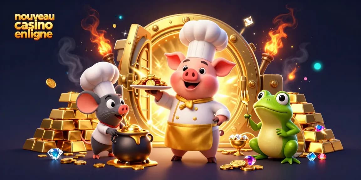 Un nouveau casino en ligne animé avec un chef cochon servant des pièces d'or et des personnages talentueux.