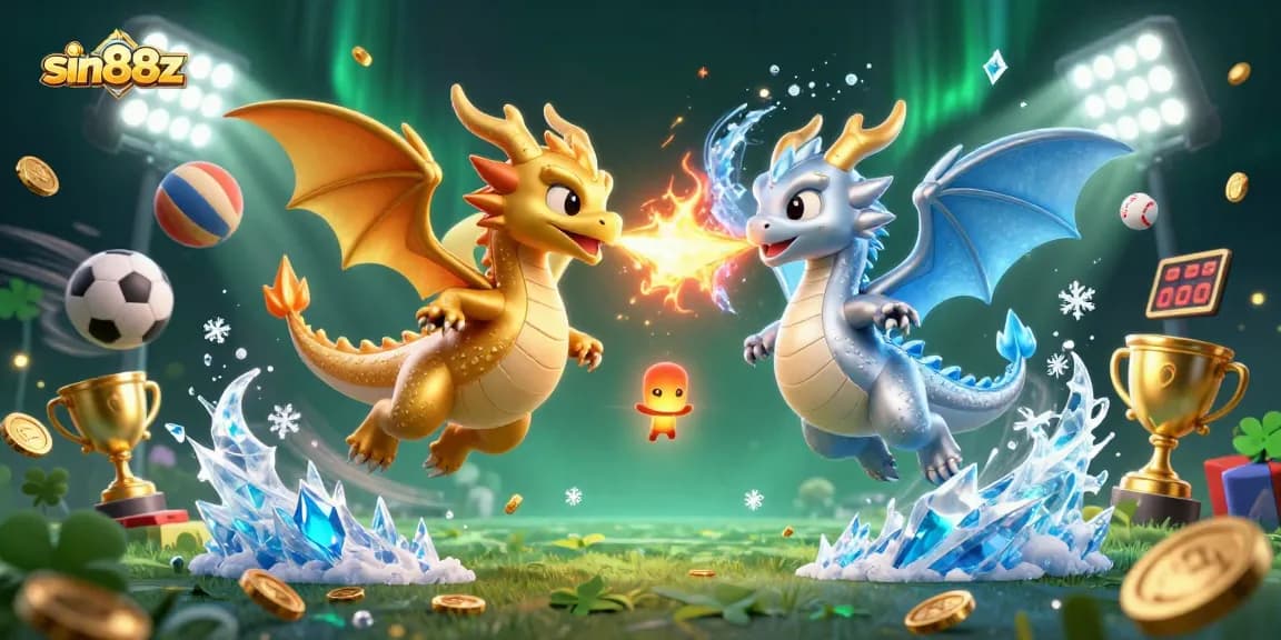 Experience the thrill of sin88z with dynamic dragons and sports betting elements in a vibrant illustration.