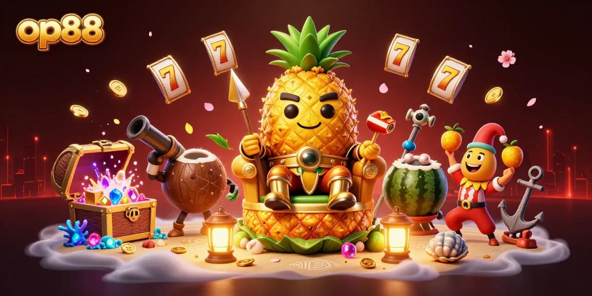 Engage with op88's vibrant online casino, featuring golden pineapple king, dynamic characters, and exciting game elements.