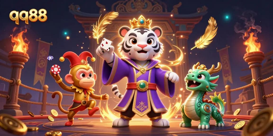 Bet big on qq88 with a 3D illustration of a royal-themed scene full of casino elements.