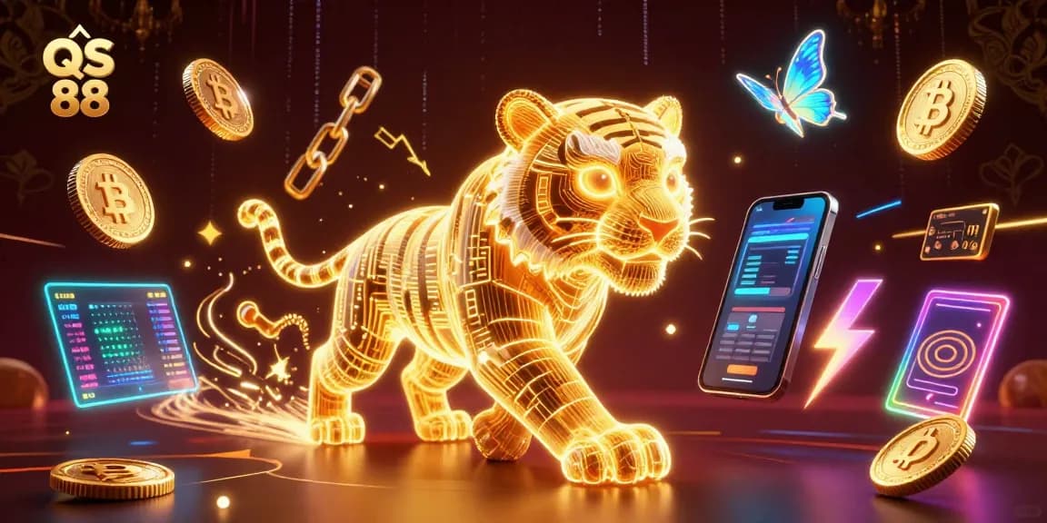 Experience the vibrant digital gambling world with QS 88 featuring a neon tiger in a casino landscape.