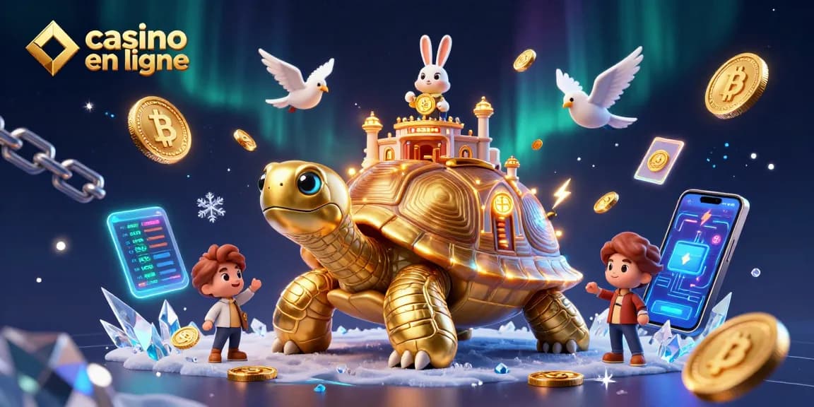 Jouez au casino en ligne avec une tortue géante illuminée, un croupier lapin et des pièces d'or volantes.