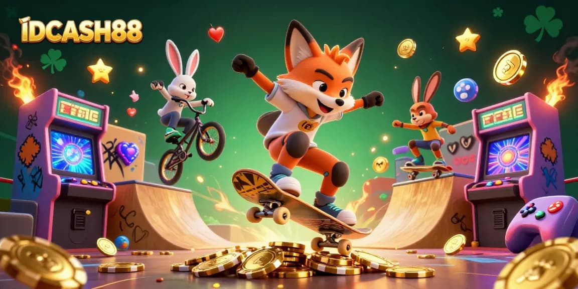 IDCASH88 offers a vibrant and engaging gameplay experience with colorful characters and casino elements set in an energetic illustration.