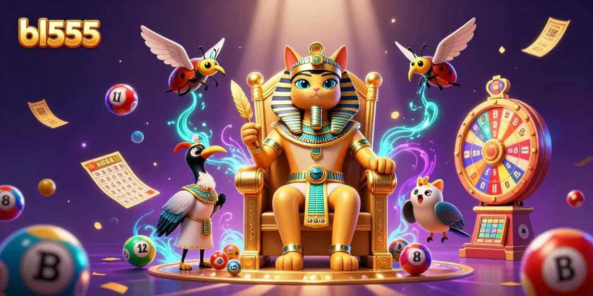 Experience thrilling wins with bl555 illustrated by a pharaoh cat and dynamic gaming elements.