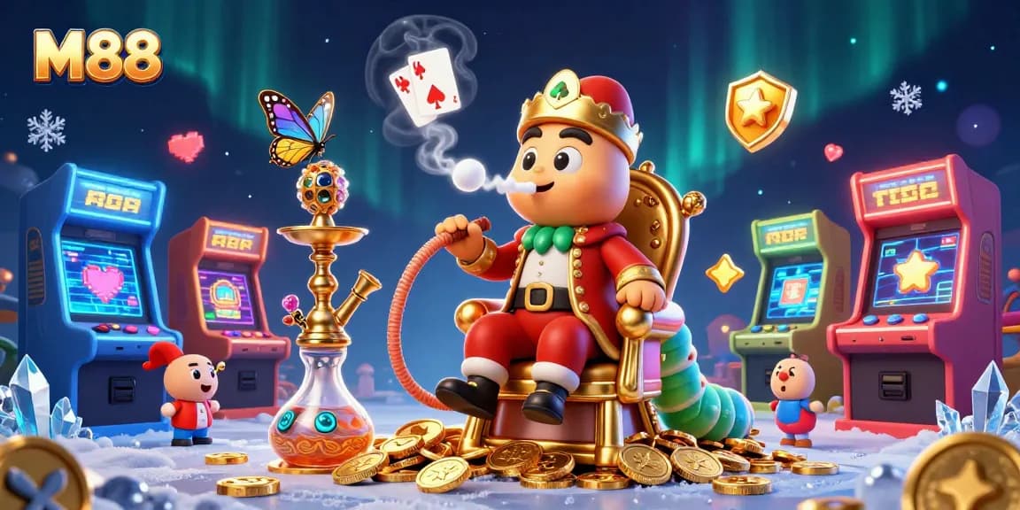 Engage with M88's vibrant gaming universe featuring characters and casino themes in a dynamic 3D illustration.