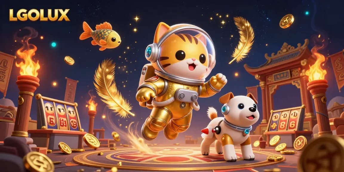 Experience thrilling adventures with LGOLUX as a golden astronaut cat encounters slot reels and alien wonders.