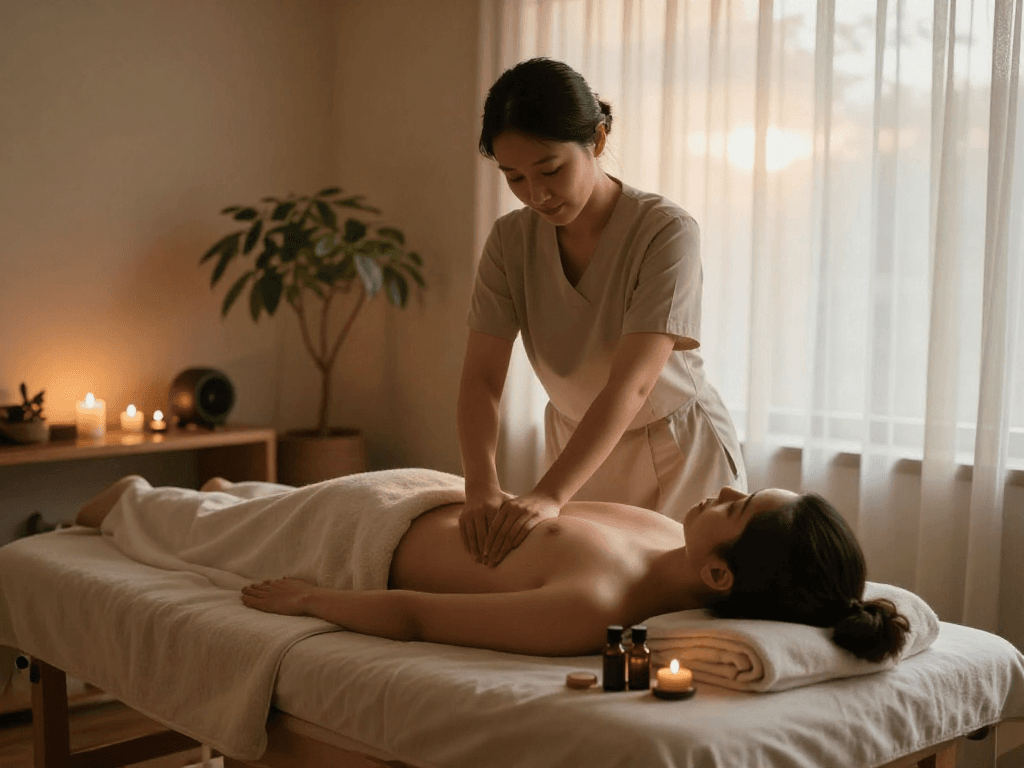 마사지와 아로마 오일이 조화롭게 어우러져 편안한 분위기를 조성하는 스웨디시 마사지 장면