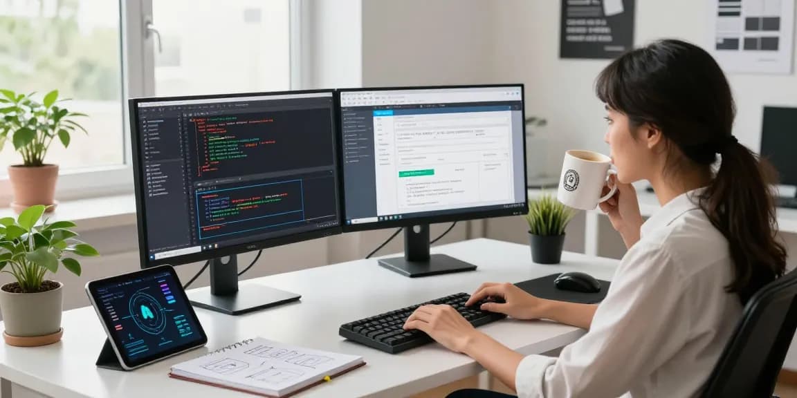Build internal tools with AI in a modern office workspace scene, showcasing a developer coding with dual monitors, energetic atmosphere, and tech props.