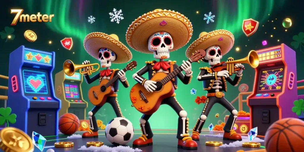 Experience thrilling sports betting action with 7meter in a dynamic 3D scene featuring colorful mariachi skeletons and gaming elements