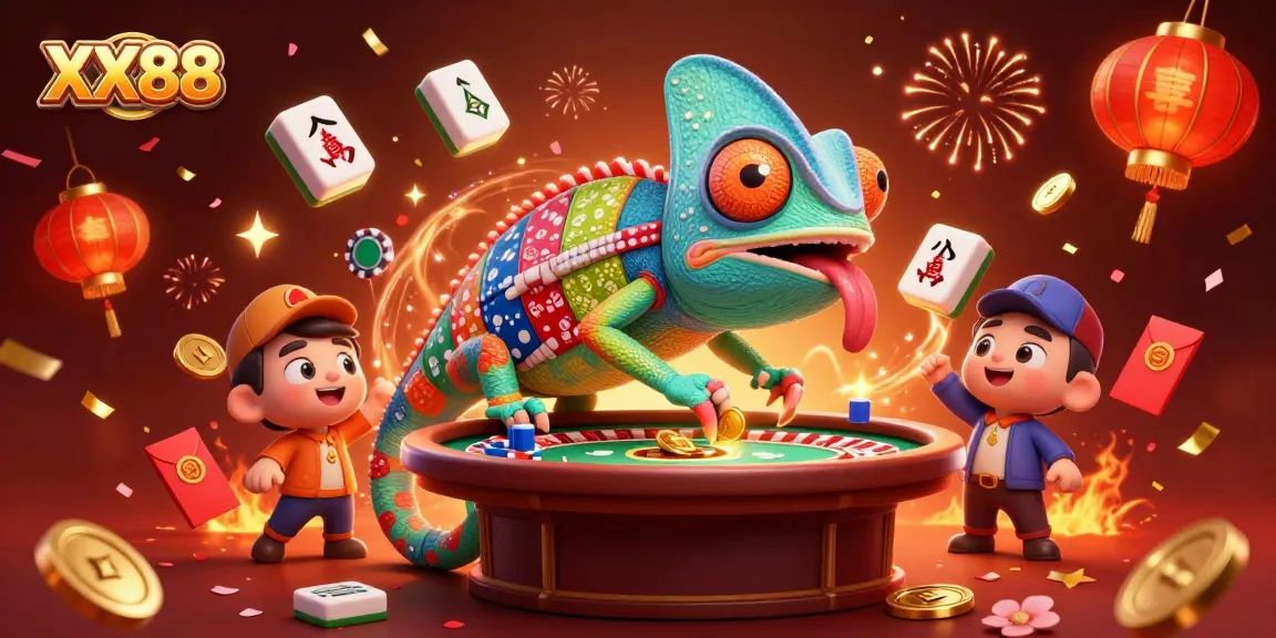 Experience thrilling gaming at XX88 with vibrant 3D chameleon casino owner snapping golden coins.