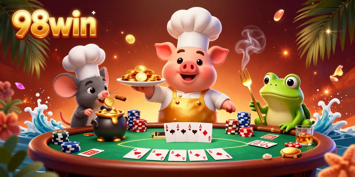 Experience exciting gameplay at 98win with vibrant casino characters serving gold coins, evoking thrilling gambling vibes.