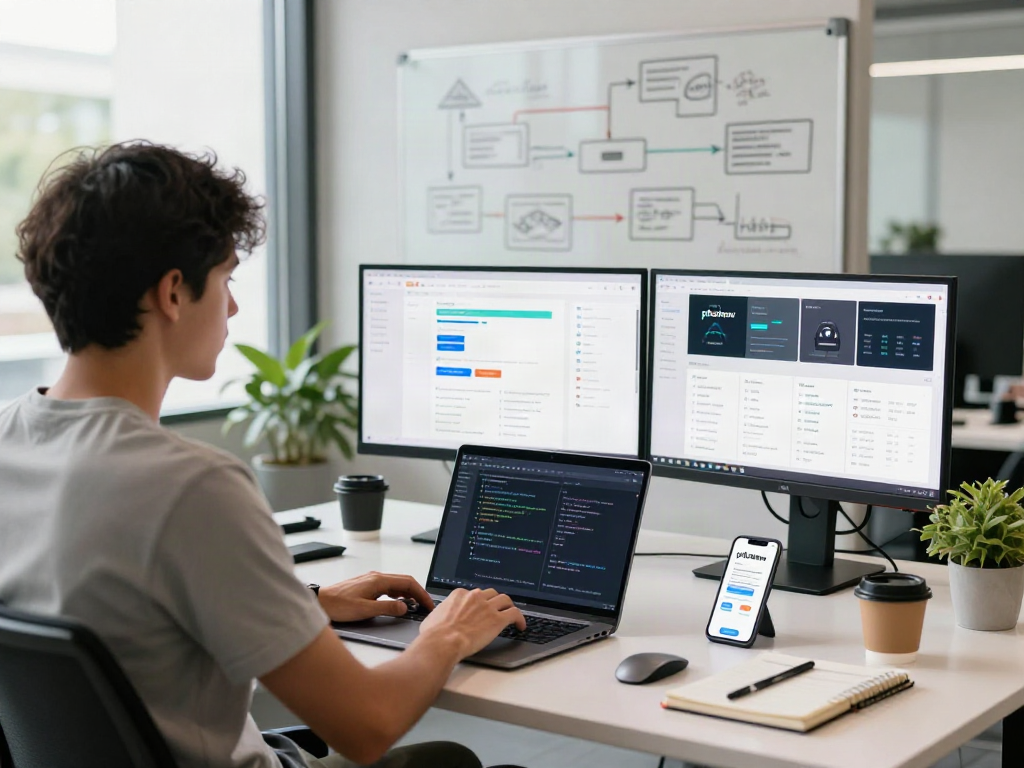 Developing the pikashow apk in a modern co-working space with dual monitors and creative elements.