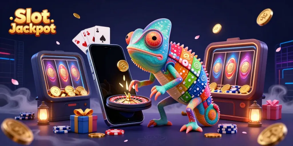 Experience the excitement of Slot Jackpot with our vibrant chameleon casino owner, spinning reels, and golden coins.