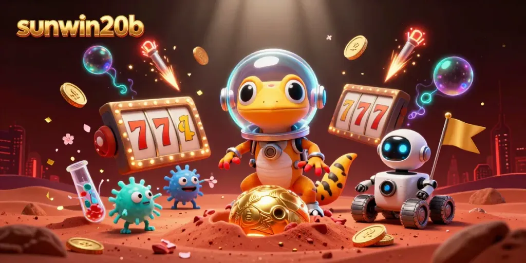 Experience the excitement of sunwin20b with a Martian gecko exploring a golden casino amidst vibrant game elements.