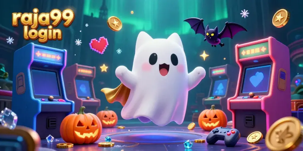 Exciting raja99 login scene with a friendly ghost cat and vampire bat in a haunted casino.