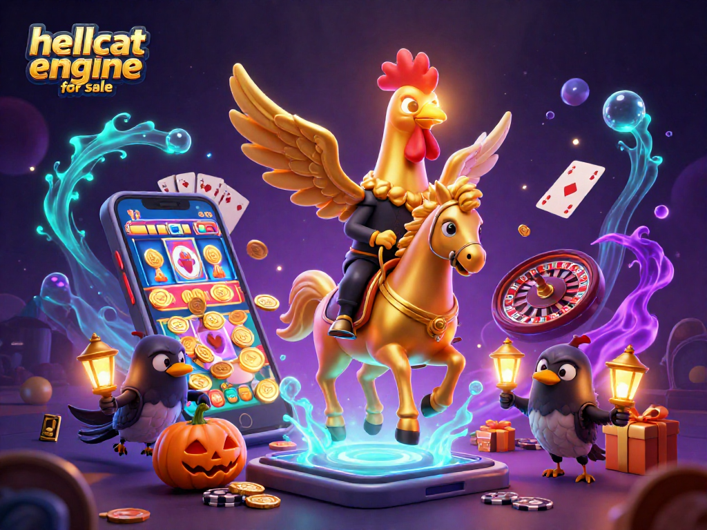 Experience the thrill with a Used hellcat engine for sale showcased in a casino scene filled with gold coins and gaming action.