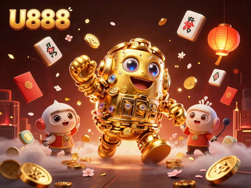 Engage with U888's exciting gaming universe featuring a dynamic golden golem surrounded by vibrant casino elements.