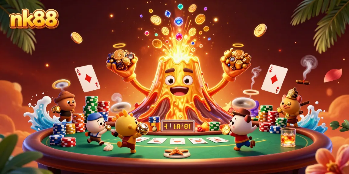Engage with nk88's gaming adventure featuring a triumphant volcano and treasure-filled animals.