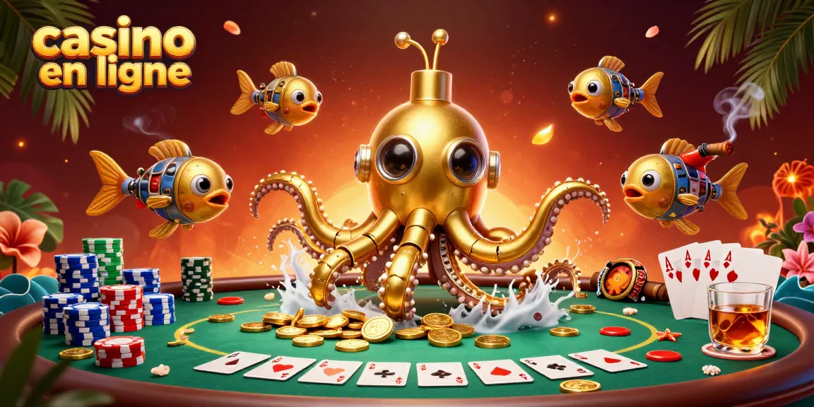 Plongez dans le monde du casino en ligne avec un kraken doré entouré de jetons et de cartes.
