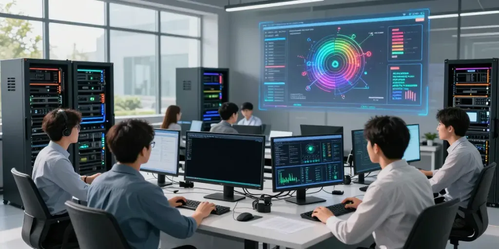Diverse engineers collaborating in a high-tech AI infrastructure control room, showcasing the AI Token Economy.