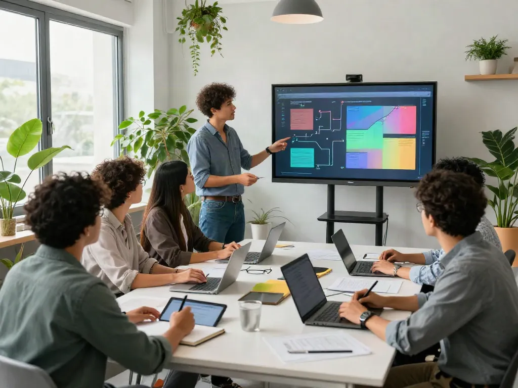 Team collaboration in a bright office, speaking of innovation and creativity.