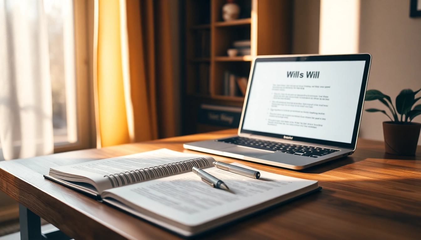 Wie schreibe ich ein Testament mit Notizbuch und Laptop in einem einladenden Arbeitsumfeld.