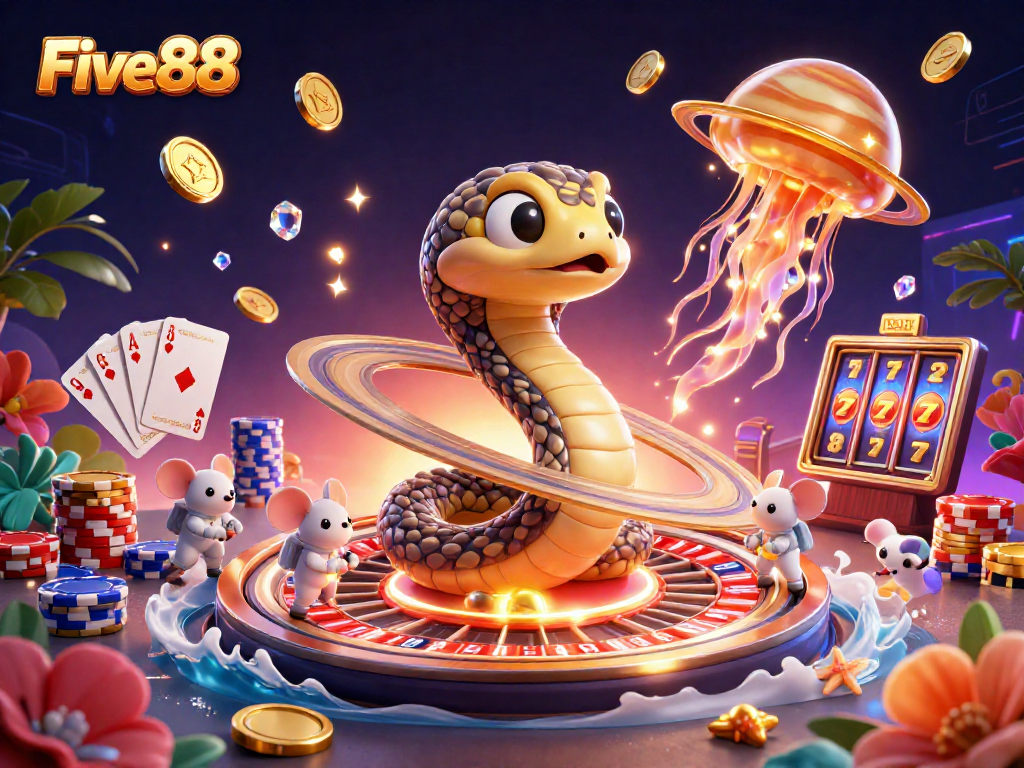 Five88 showcases its vibrant casino universe with animated characters and dynamic gaming elements.