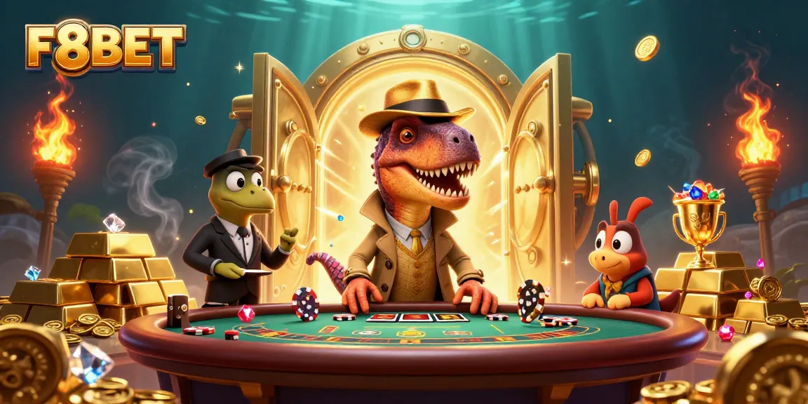 F8BET offers an exciting casino experience with vibrant cartoon characters at a blackjack table.