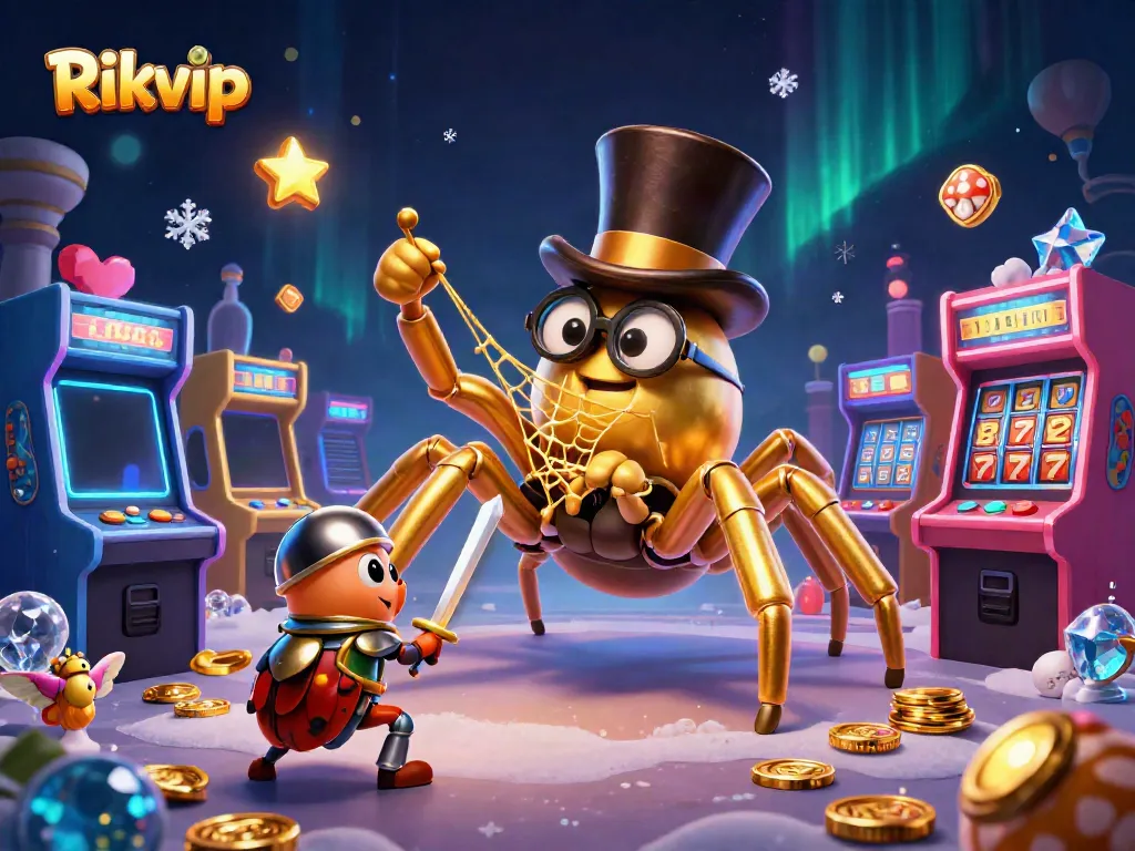 Engage with Rikvip's thrilling casino experience featuring a brave beetle knight confronting a golden tarantula.
