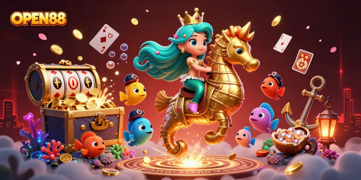 Engage with OPEN88's vibrant casino scene featuring a mermaid, seahorse, and treasures, enhancing your gaming experience.