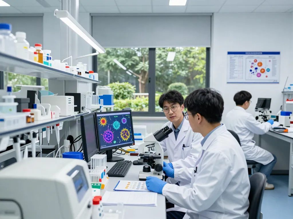 CAR T cell therapy researchers collaborate in a modern lab environment, discussing innovative cancer treatment.